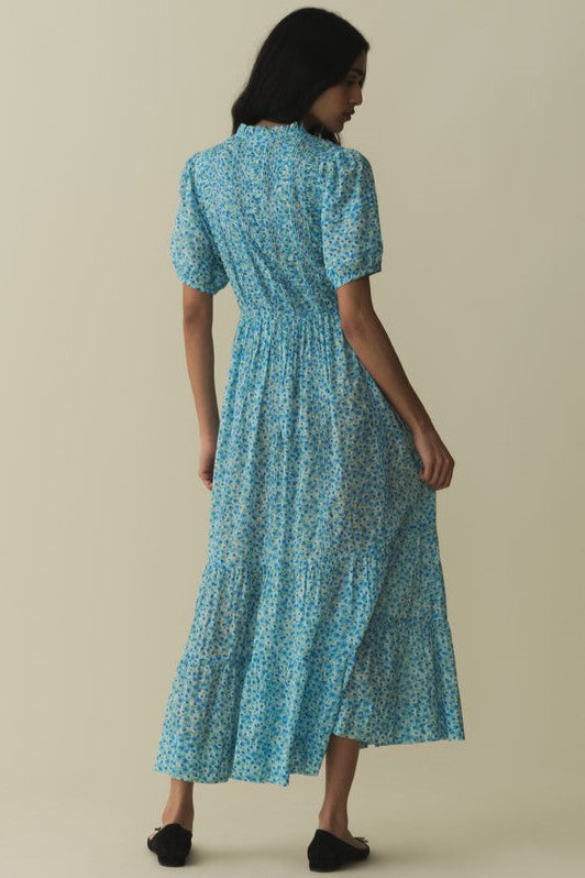 Floral Puff Sleeve Single Breasted Midi Dress