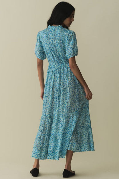 Floral Puff Sleeve Single Breasted Midi Dress