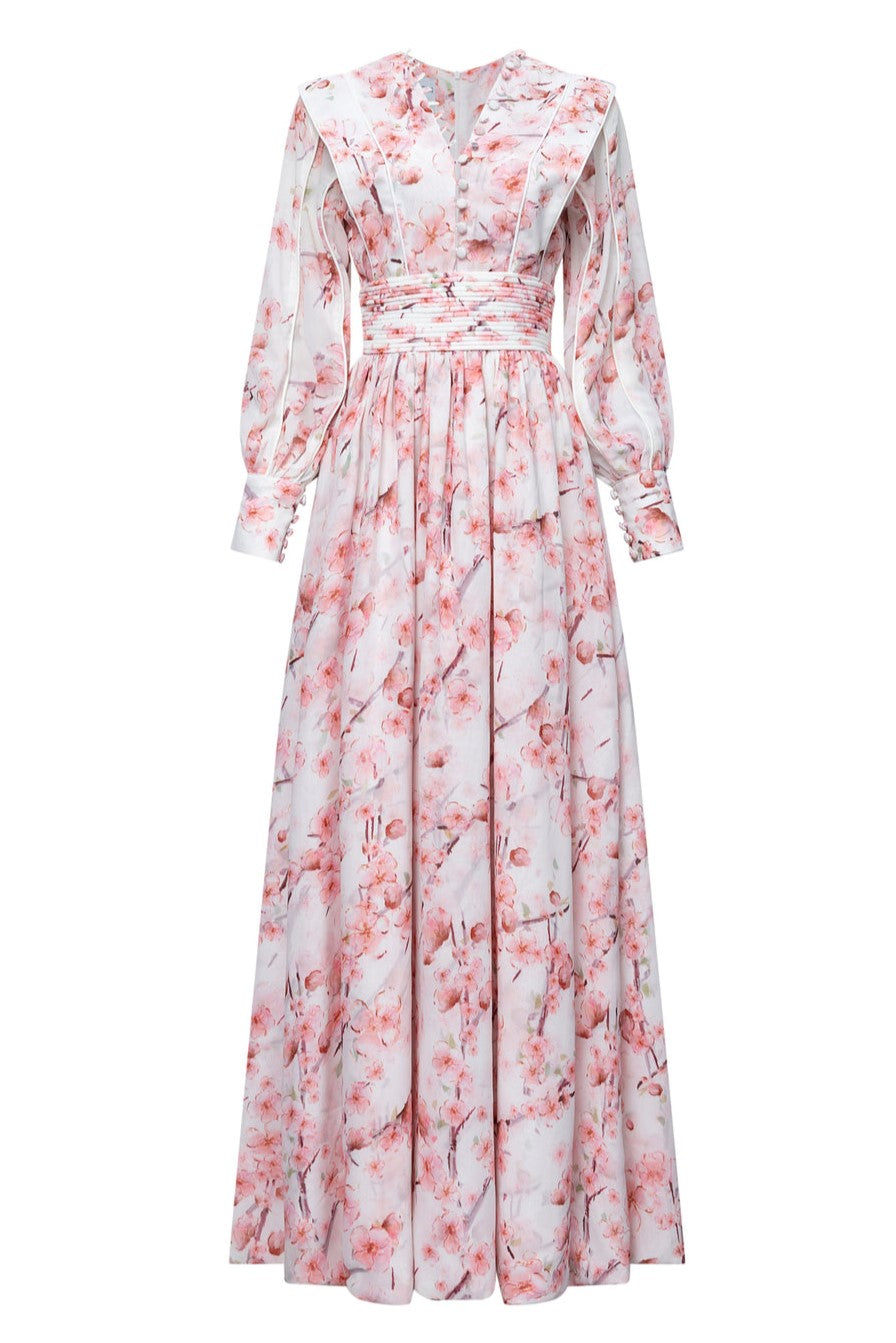 Floral Long Sleeve Single Breasted Midi Dress