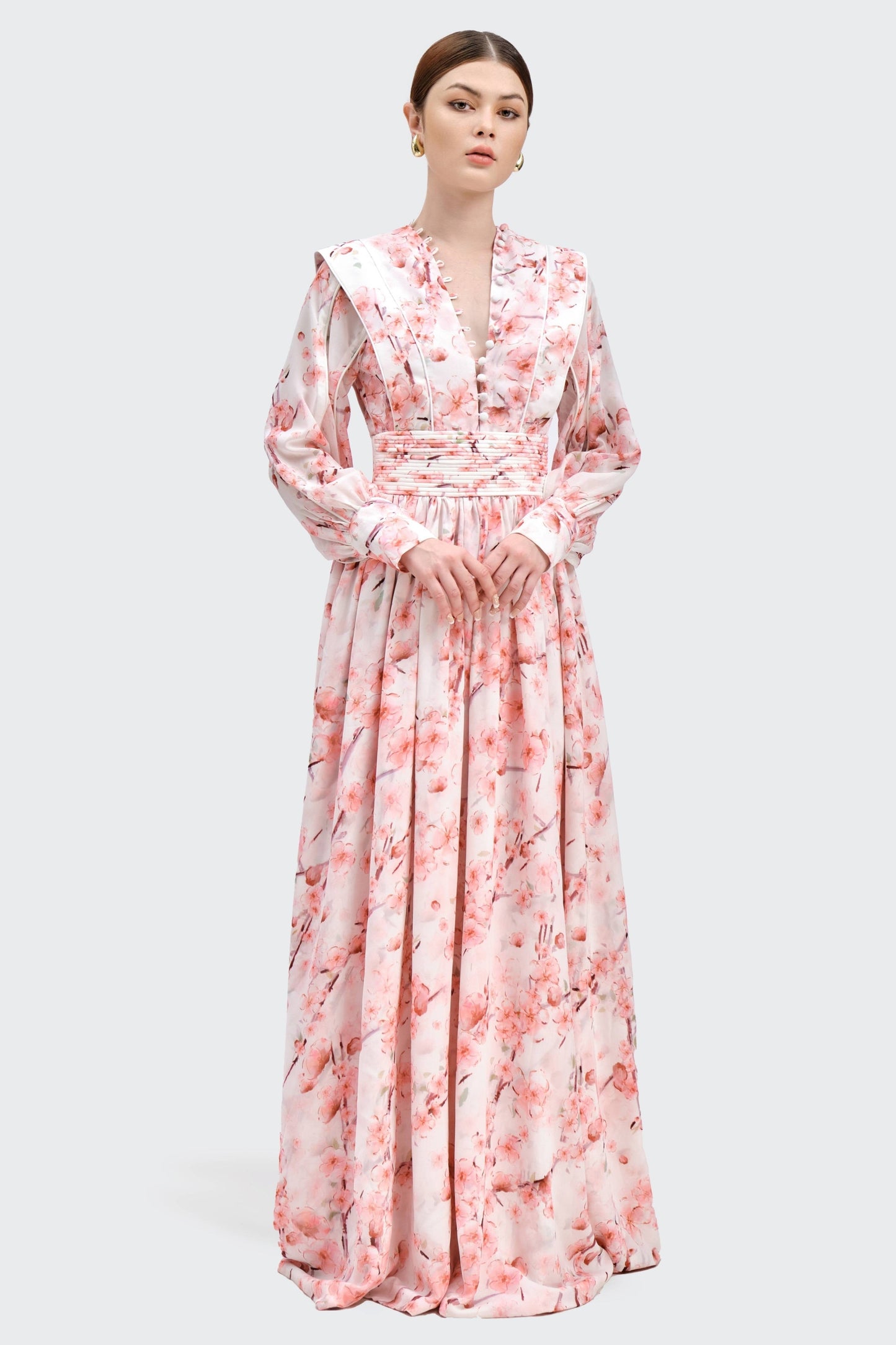 Floral Long Sleeve Single Breasted Midi Dress