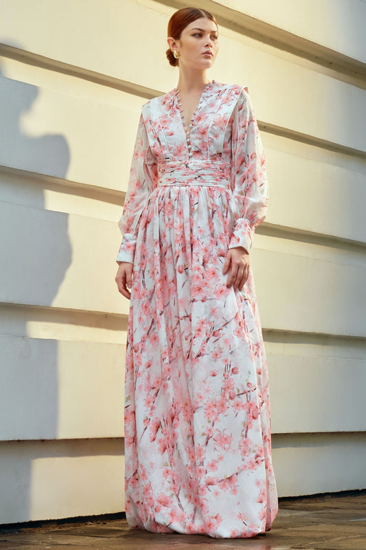 Floral Long Sleeve Single Breasted Midi Dress
