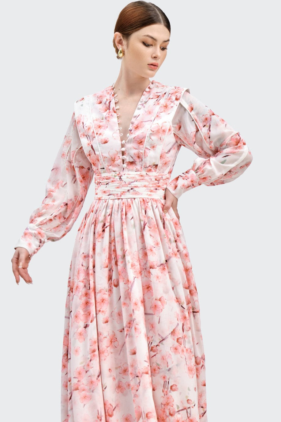 Floral Long Sleeve Single Breasted Midi Dress