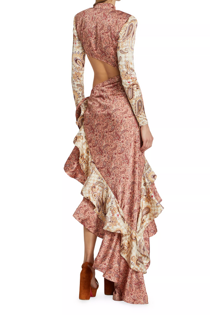 Paisley Ruffle Stand Collar Cut-Out Split Maxi Dress