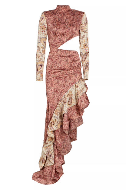 Paisley Ruffle Stand Collar Cut-Out Split Maxi Dress