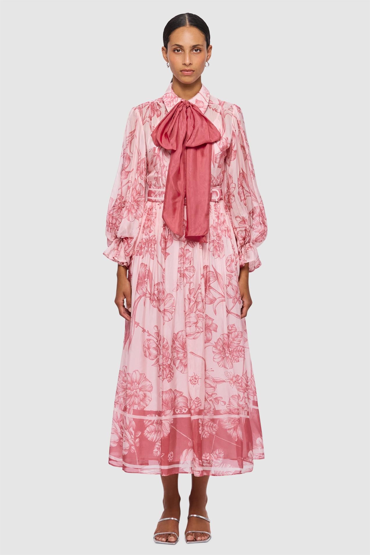 Floral Lantern Sleeve Midi Dress With Belt