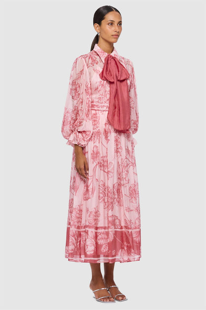 Floral Lantern Sleeve Midi Dress With Belt