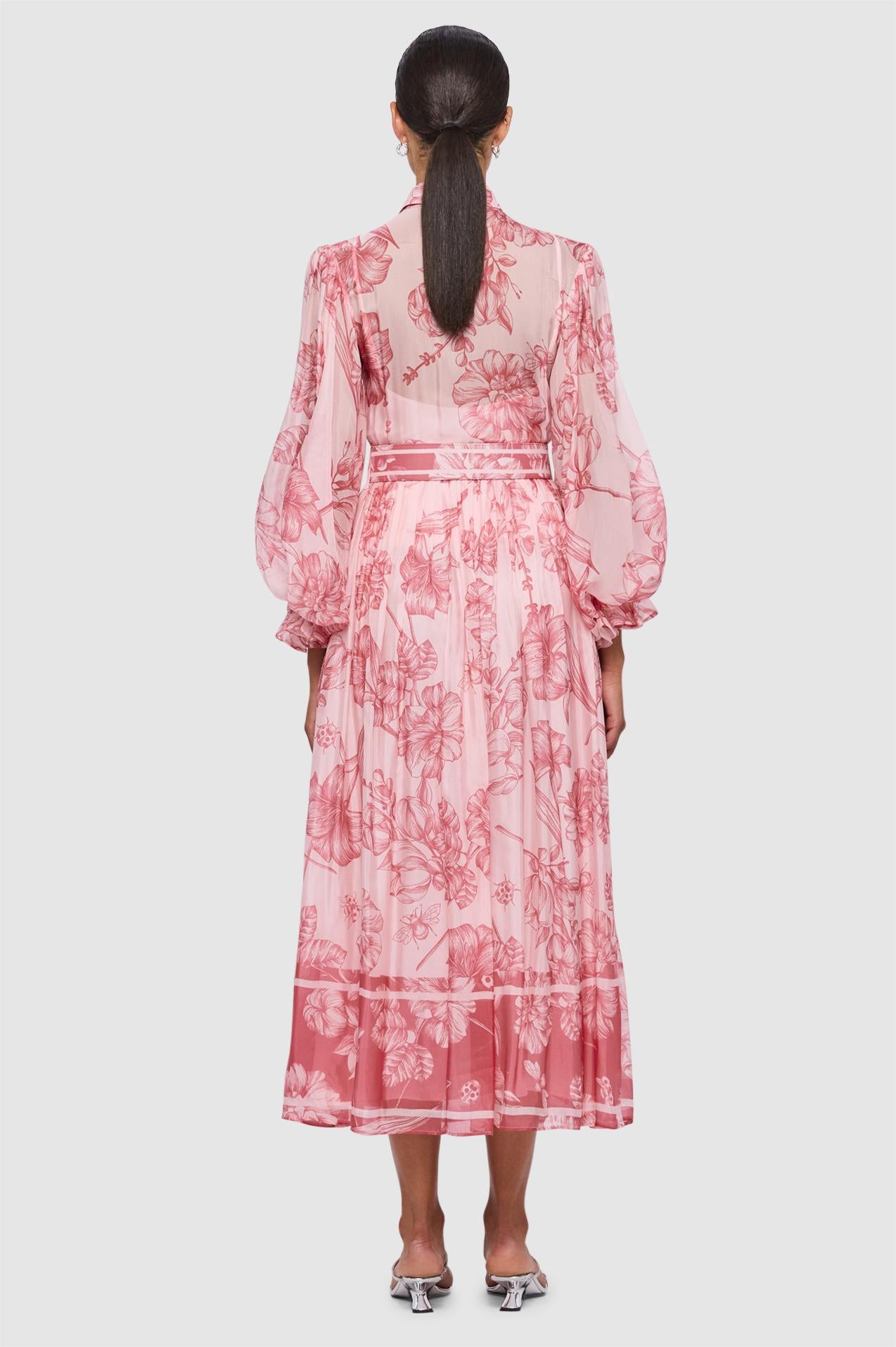 Floral Lantern Sleeve Midi Dress With Belt