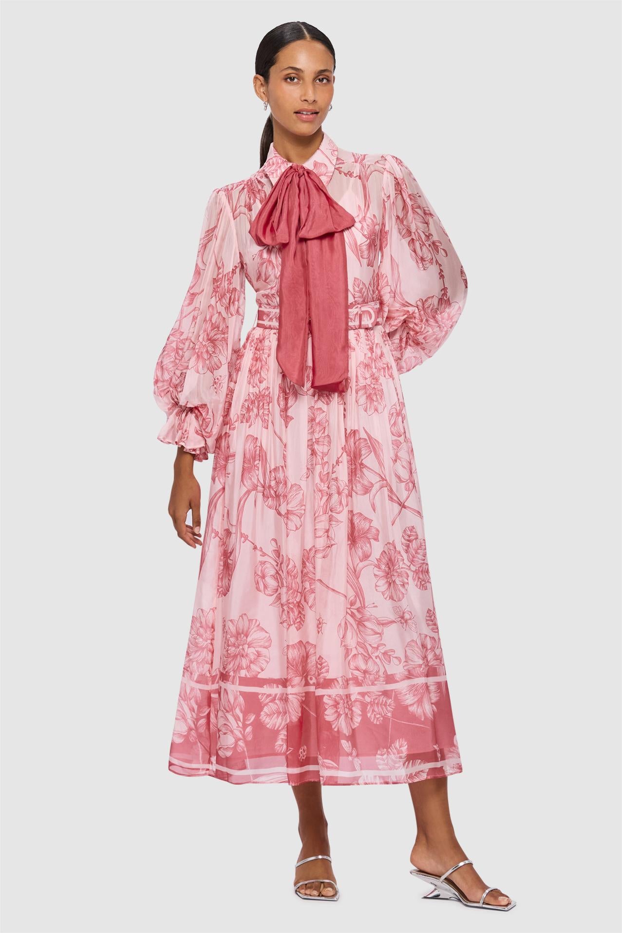 Floral Lantern Sleeve Midi Dress With Belt