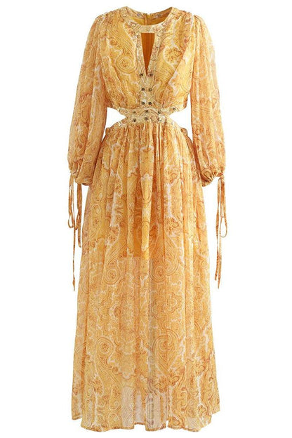 Abstract Print Long Sleeve Cut-Out Midi Dress