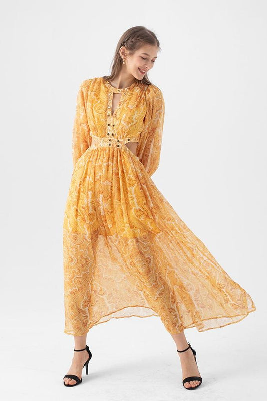 Abstract Print Long Sleeve Cut-Out Midi Dress