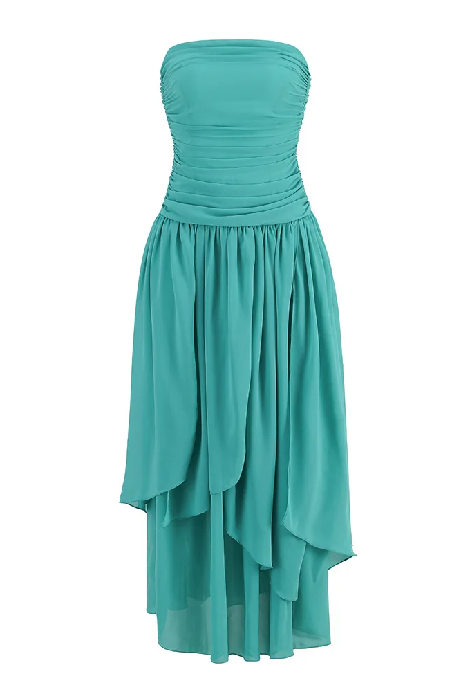 Mesh Strapless Ruched Split Maxi Dress