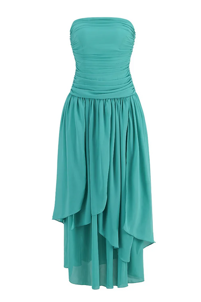 Mesh Strapless Ruched Split Maxi Dress
