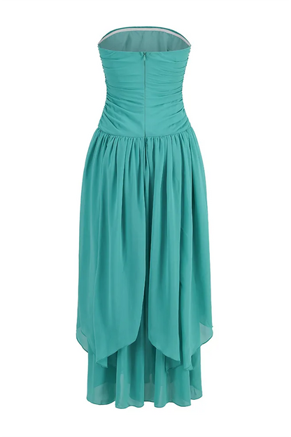 Mesh Strapless Ruched Split Maxi Dress