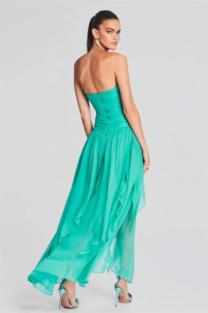 Mesh Strapless Ruched Split Maxi Dress