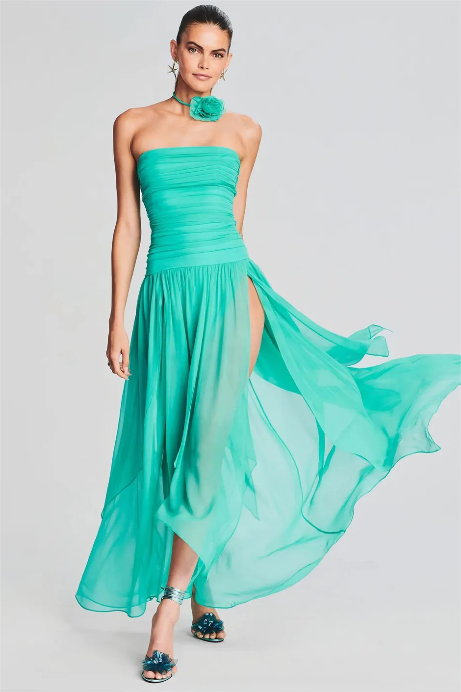 Mesh Strapless Ruched Split Maxi Dress