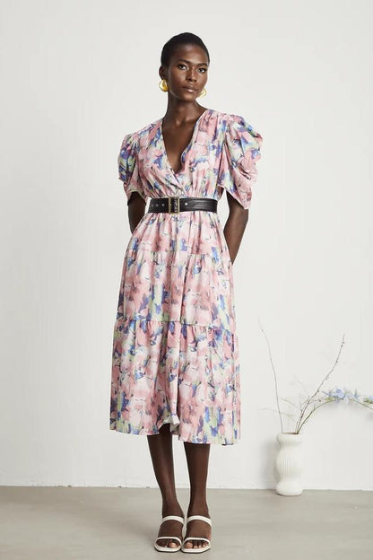Abstract Print V-Neck Midi Dress With Belt