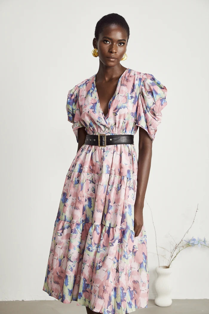Abstract Print V-Neck Midi Dress With Belt