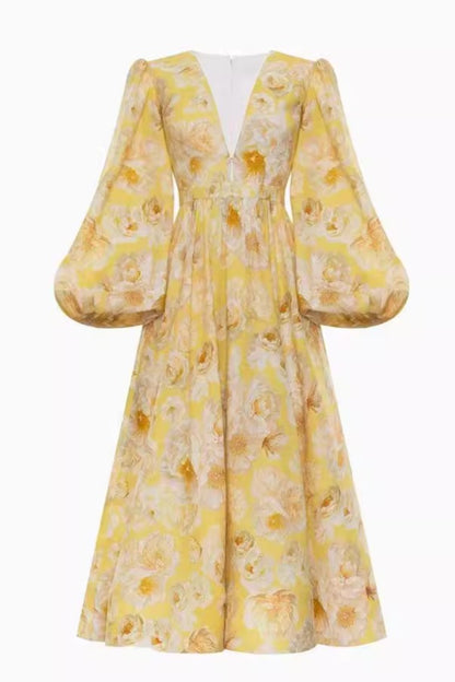 Floral V-Neck Long Sleeve Midi Dress