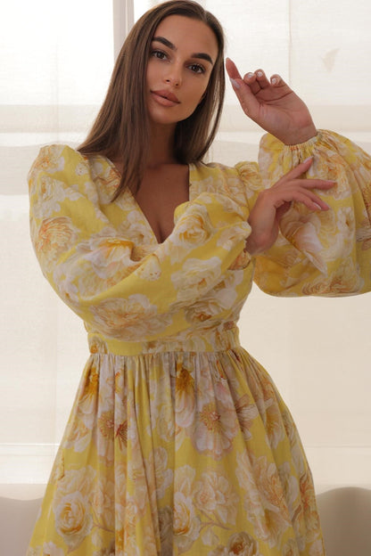 Floral V-Neck Long Sleeve Midi Dress