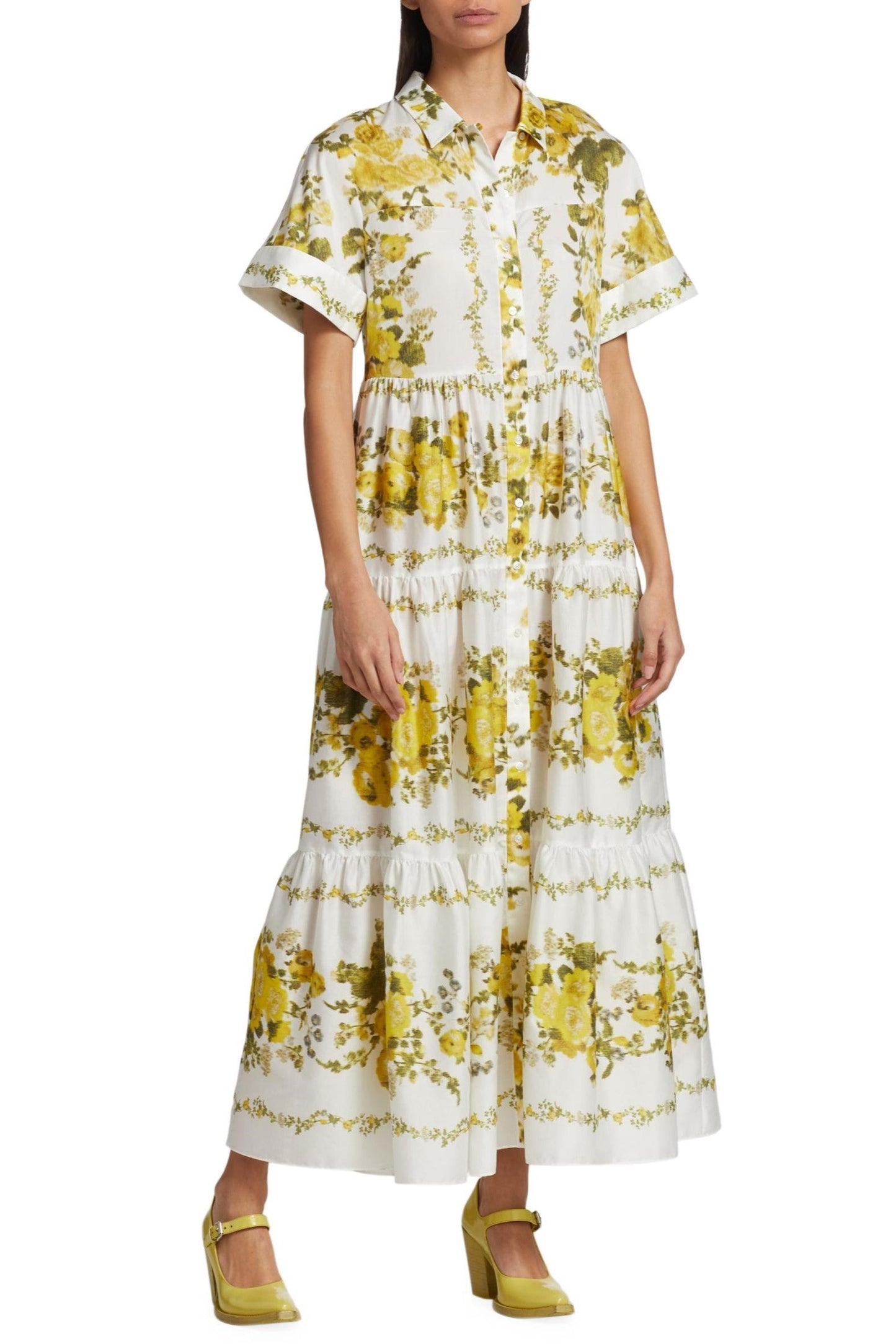 Floral Shirt Collar Single Breasted Midi Dress