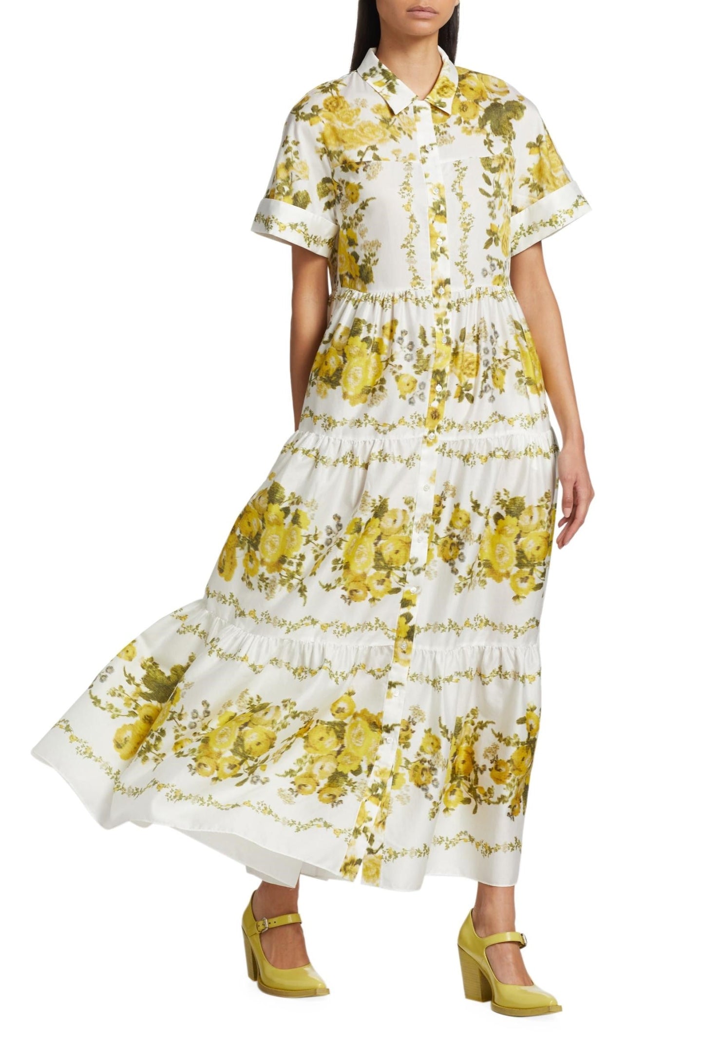 Floral Shirt Collar Single Breasted Midi Dress