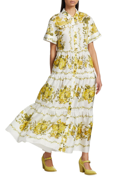 Floral Shirt Collar Single Breasted Midi Dress