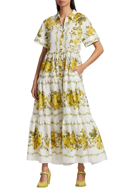 Floral Shirt Collar Single Breasted Midi Dress