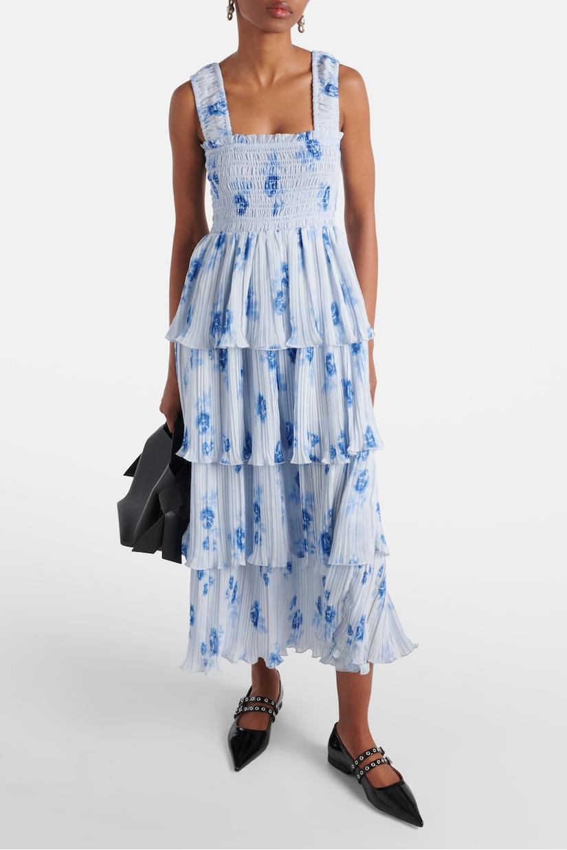 Floral Off-Shoulder Frill Smocking Midi Dress