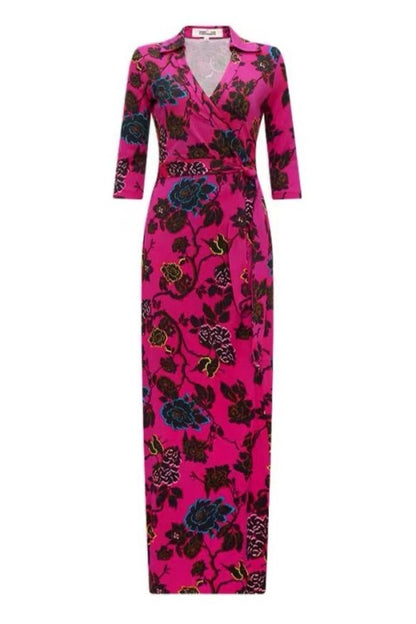 Floral Mid Sleeve Lace Up Wrap Midi Dress