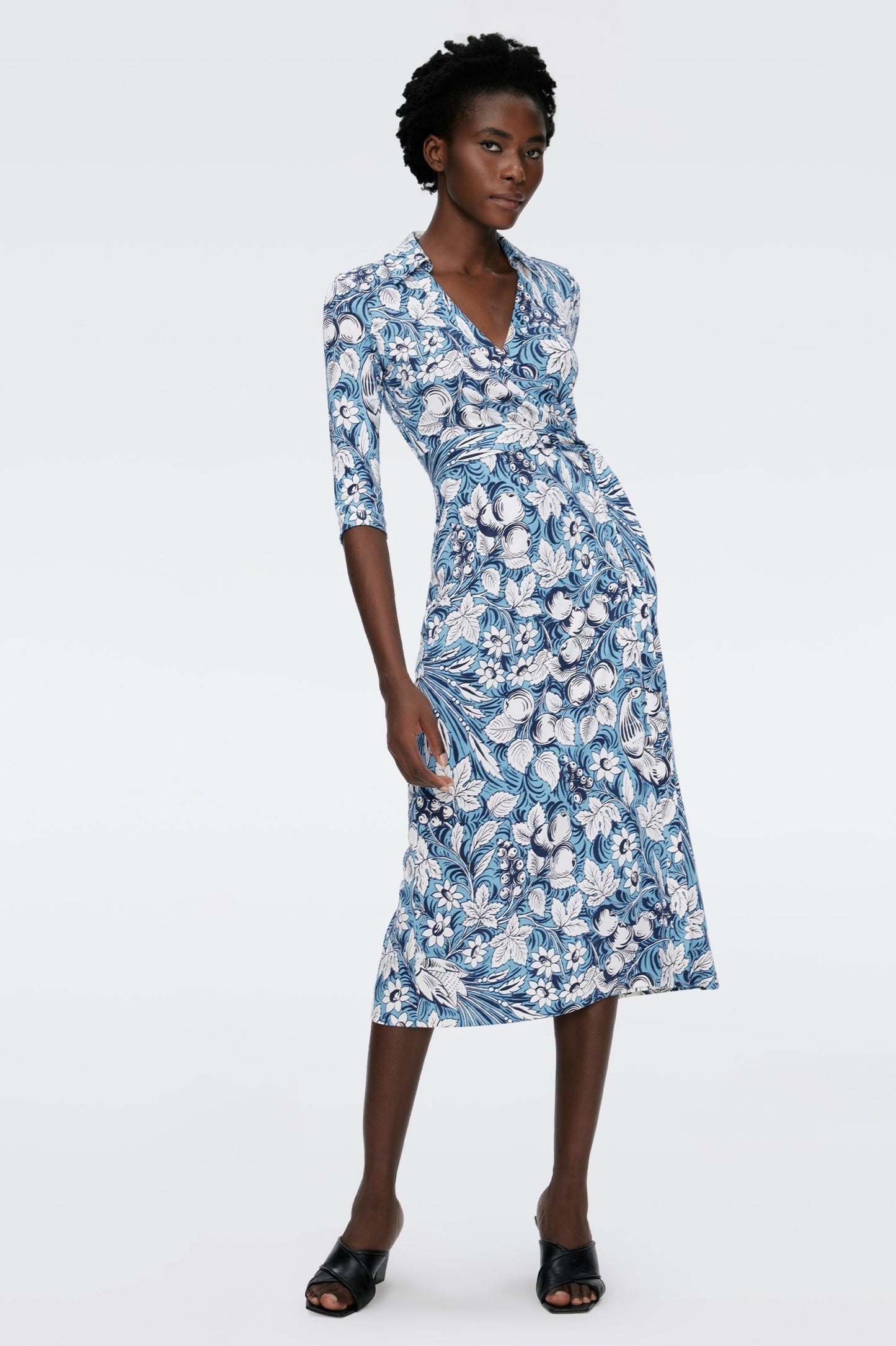 Floral Mid Sleeve Lace Up Wrap Midi Dress