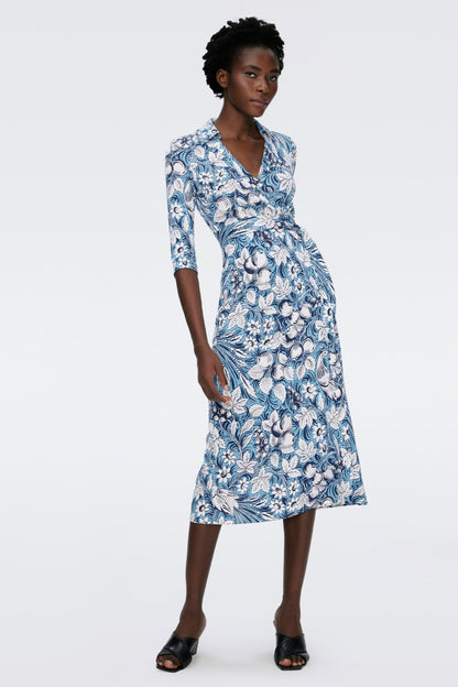 Floral Mid Sleeve Lace Up Wrap Midi Dress