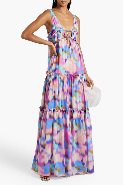 Floral Frill Sleeveless V-Neck Midi Dress