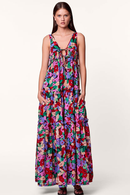 Floral Frill Sleeveless V-Neck Midi Dress