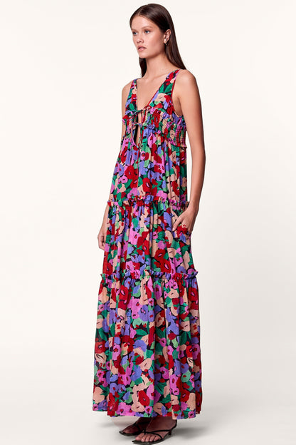 Floral Frill Sleeveless V-Neck Midi Dress
