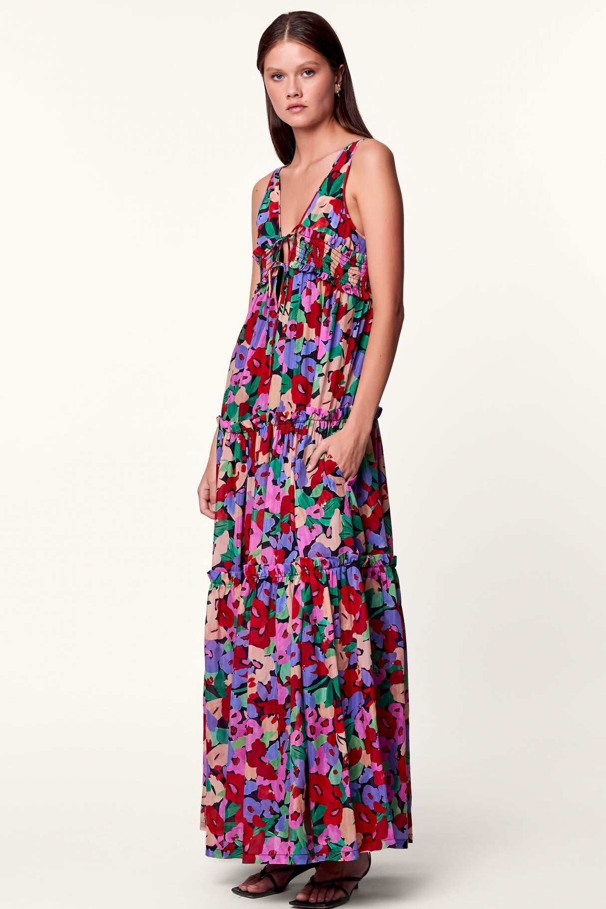 Floral Frill Sleeveless V-Neck Midi Dress