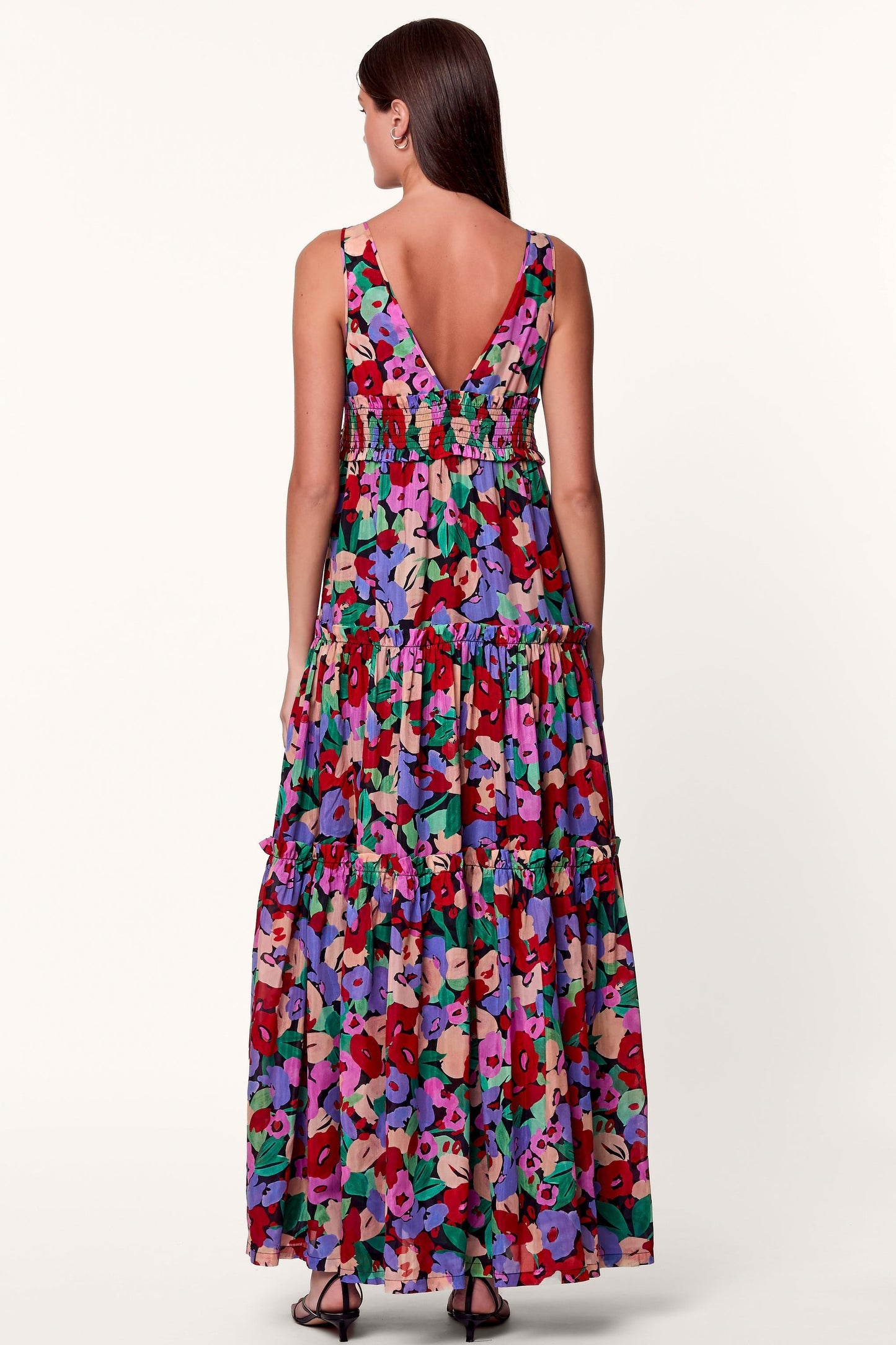 Floral Frill Sleeveless V-Neck Midi Dress