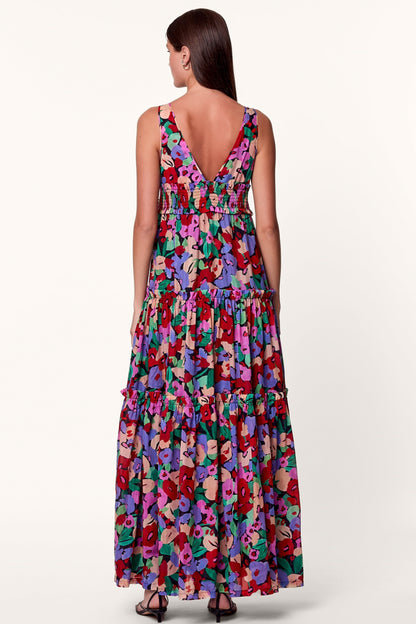 Floral Frill Sleeveless V-Neck Midi Dress