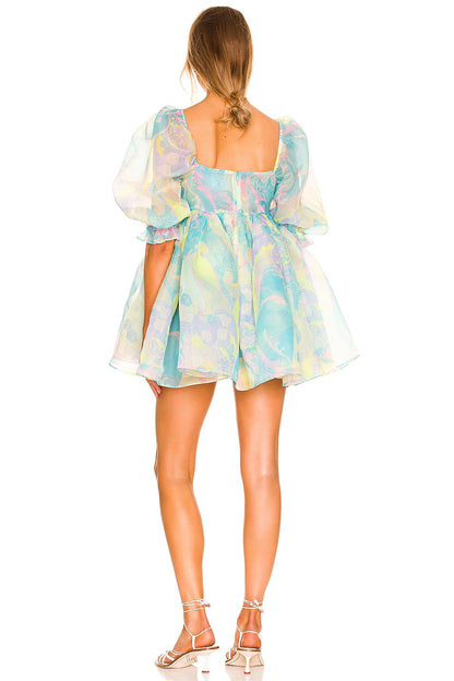 Floral Square Collar Puff Sleeve Mini Dress