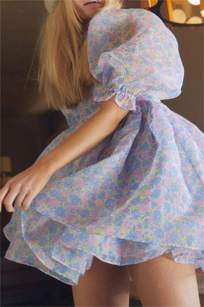 Floral Square Collar Puff Sleeve Mini Dress