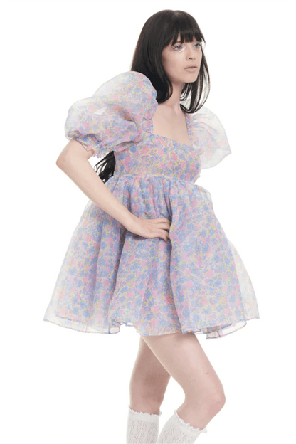 Floral Square Collar Puff Sleeve Mini Dress