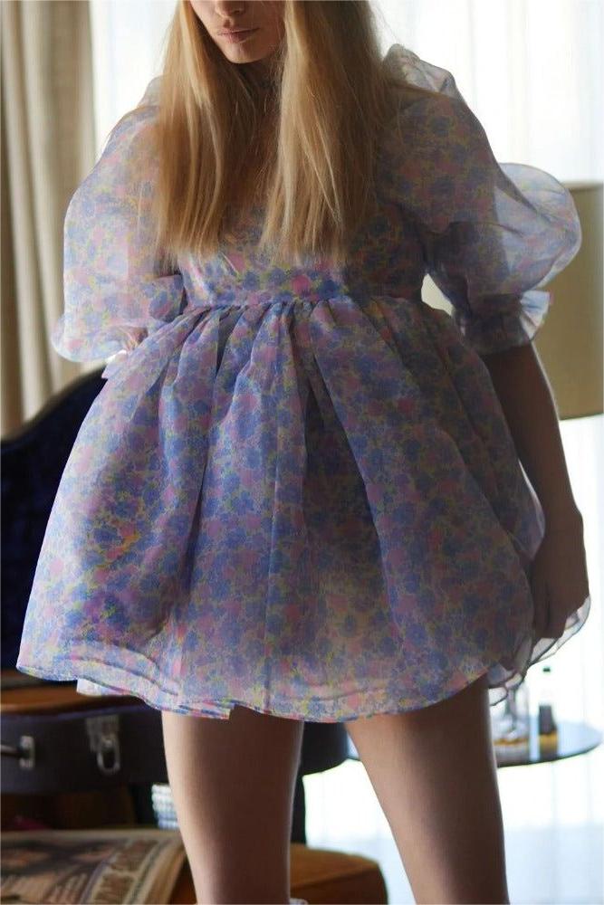 Floral Square Collar Puff Sleeve Mini Dress