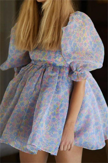 Floral Square Collar Puff Sleeve Mini Dress