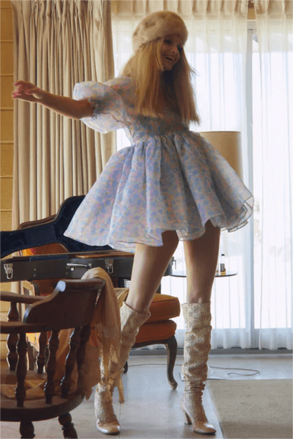 Floral Square Collar Puff Sleeve Mini Dress