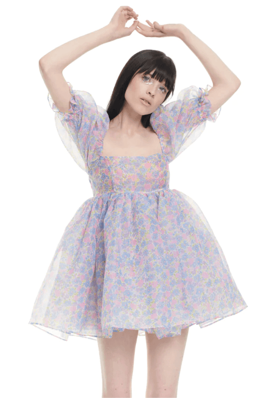 Floral Square Collar Puff Sleeve Mini Dress