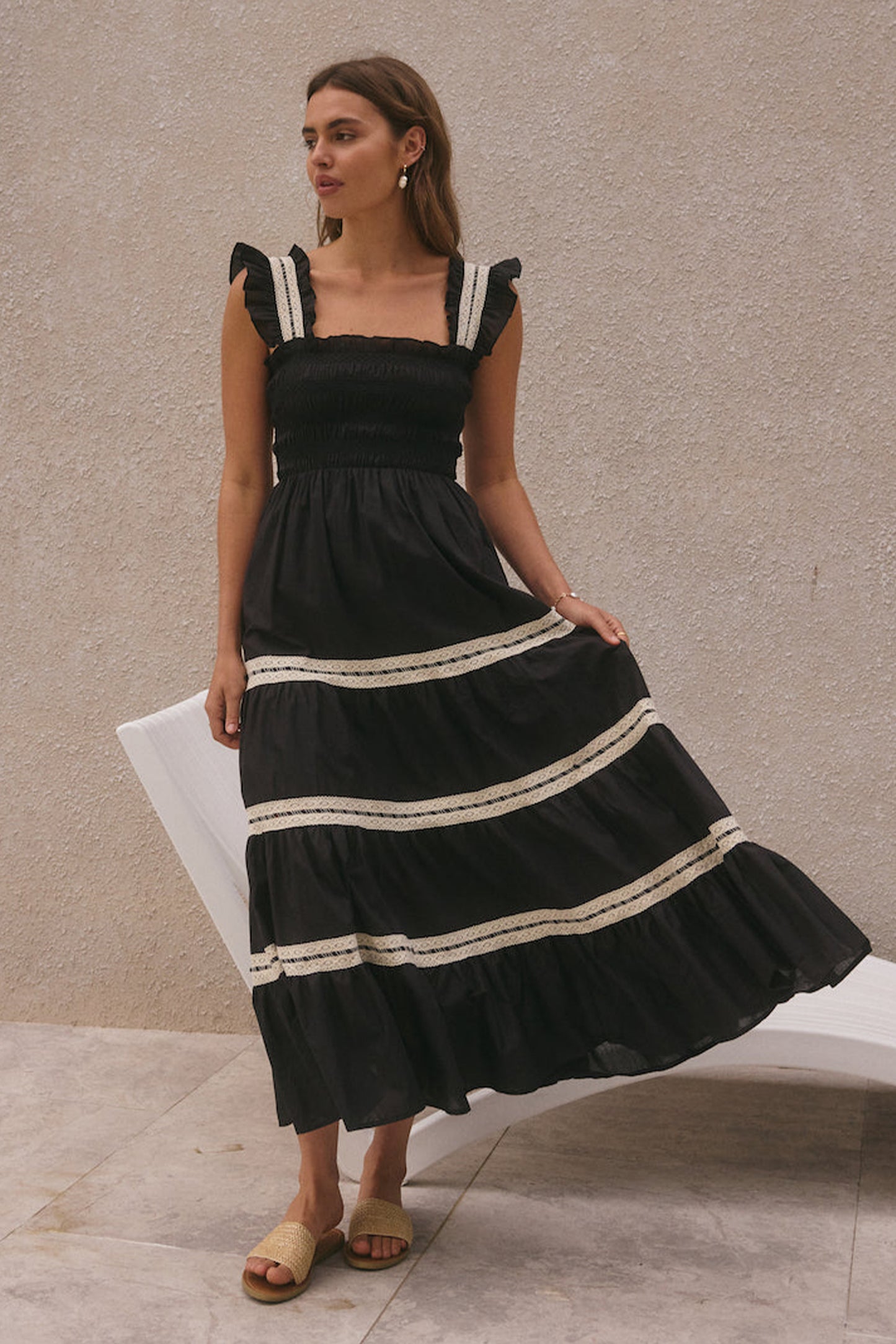 Lace Smocking Frill Sleeveless Midi Dress