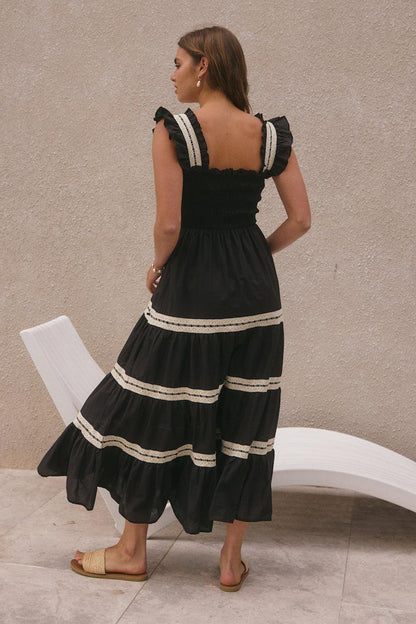 Lace Smocking Frill Sleeveless Midi Dress