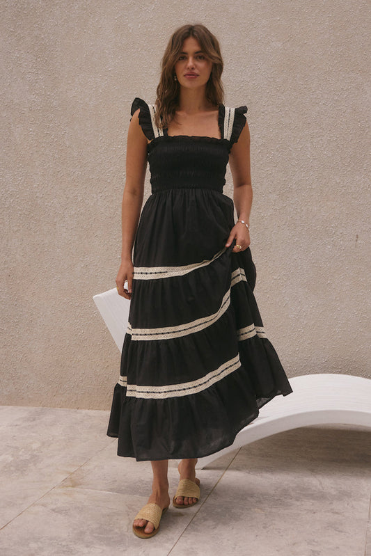 Lace Smocking Frill Sleeveless Midi Dress