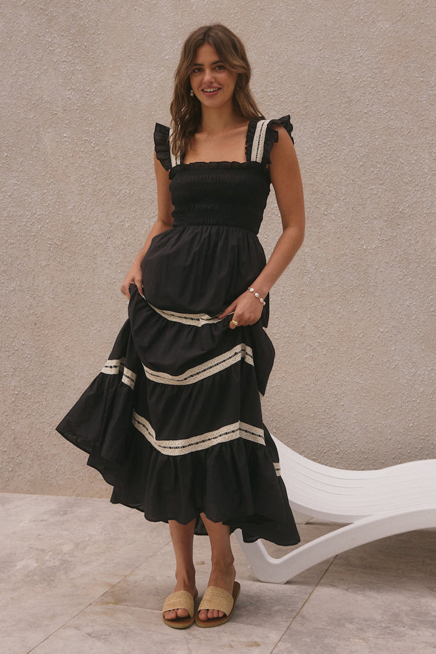 Lace Smocking Frill Sleeveless Midi Dress