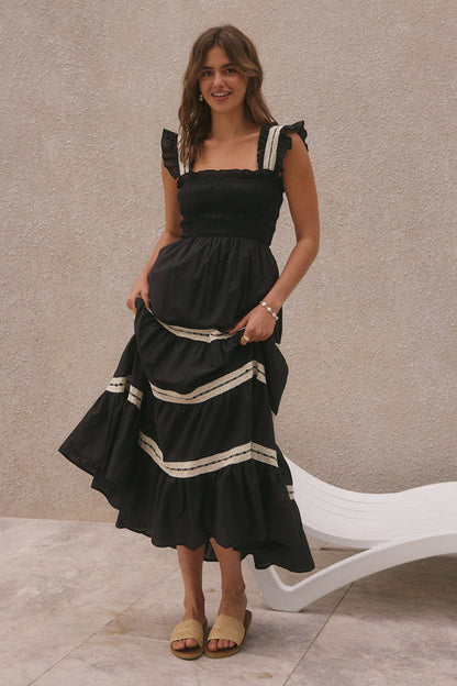 Lace Smocking Frill Sleeveless Midi Dress