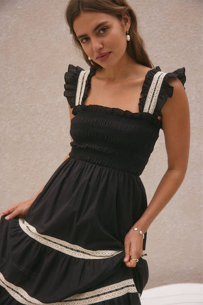 Lace Smocking Frill Sleeveless Midi Dress